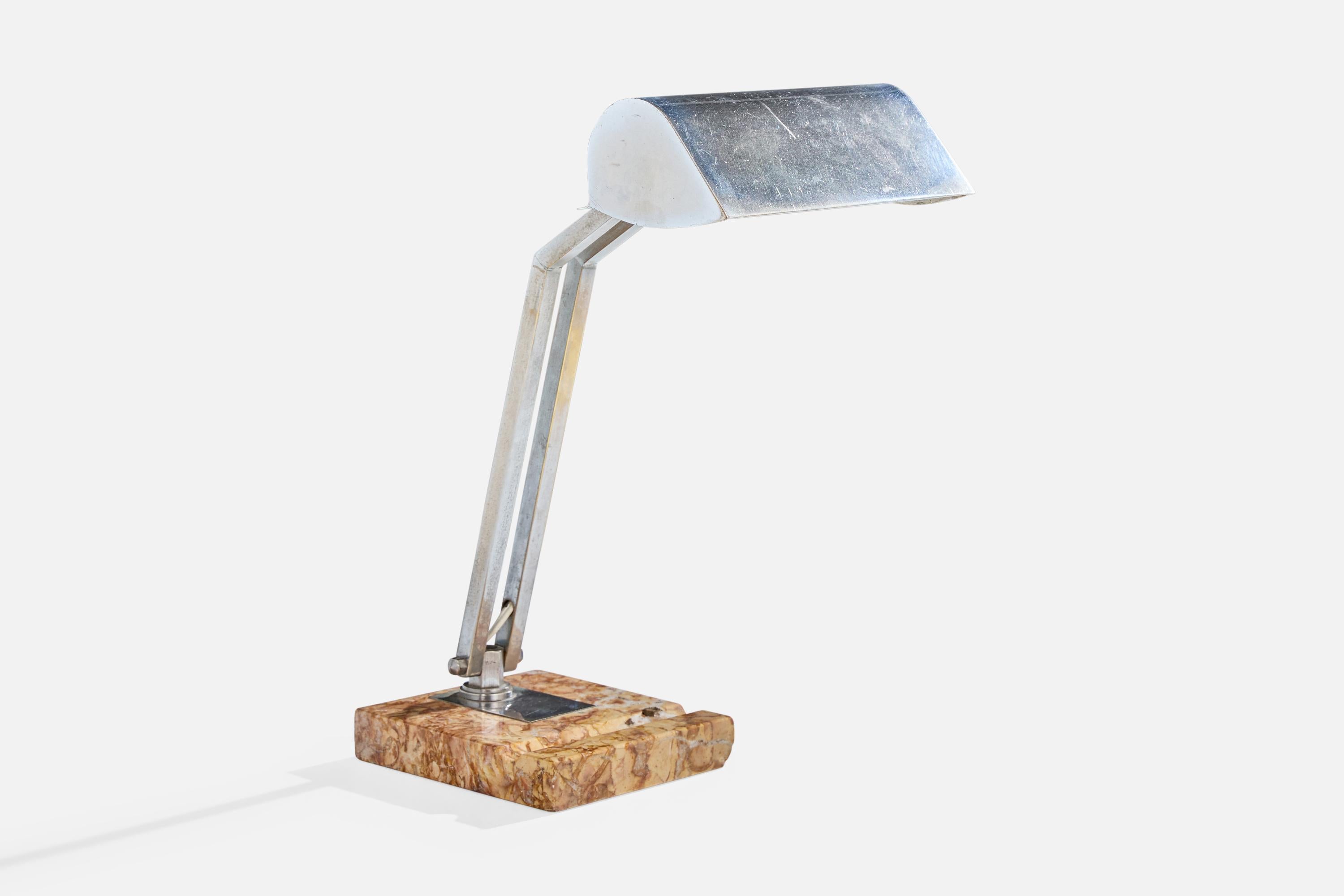 An adjustable metal and marble table lamp likely designed and produced in France, c. 1930s.

Dimensions are variable, measured at its most vertical angle.
Dimensions of Lamp (inches): 16.0