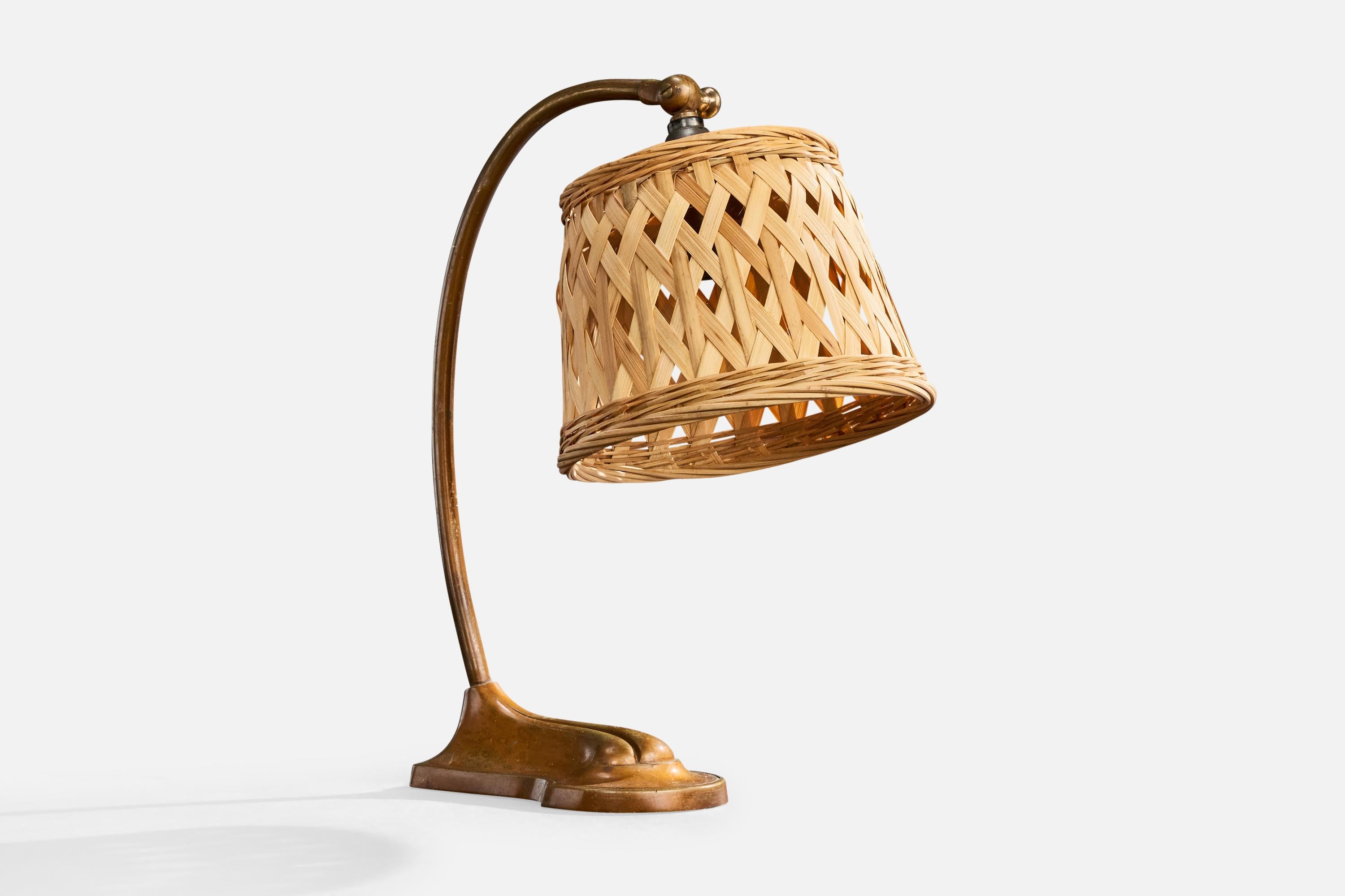 Französischer Designer, Tischlampe, Metall, Rattan, Frankreich, 1930er Jahre (Moderne der Mitte des Jahrhunderts) im Angebot