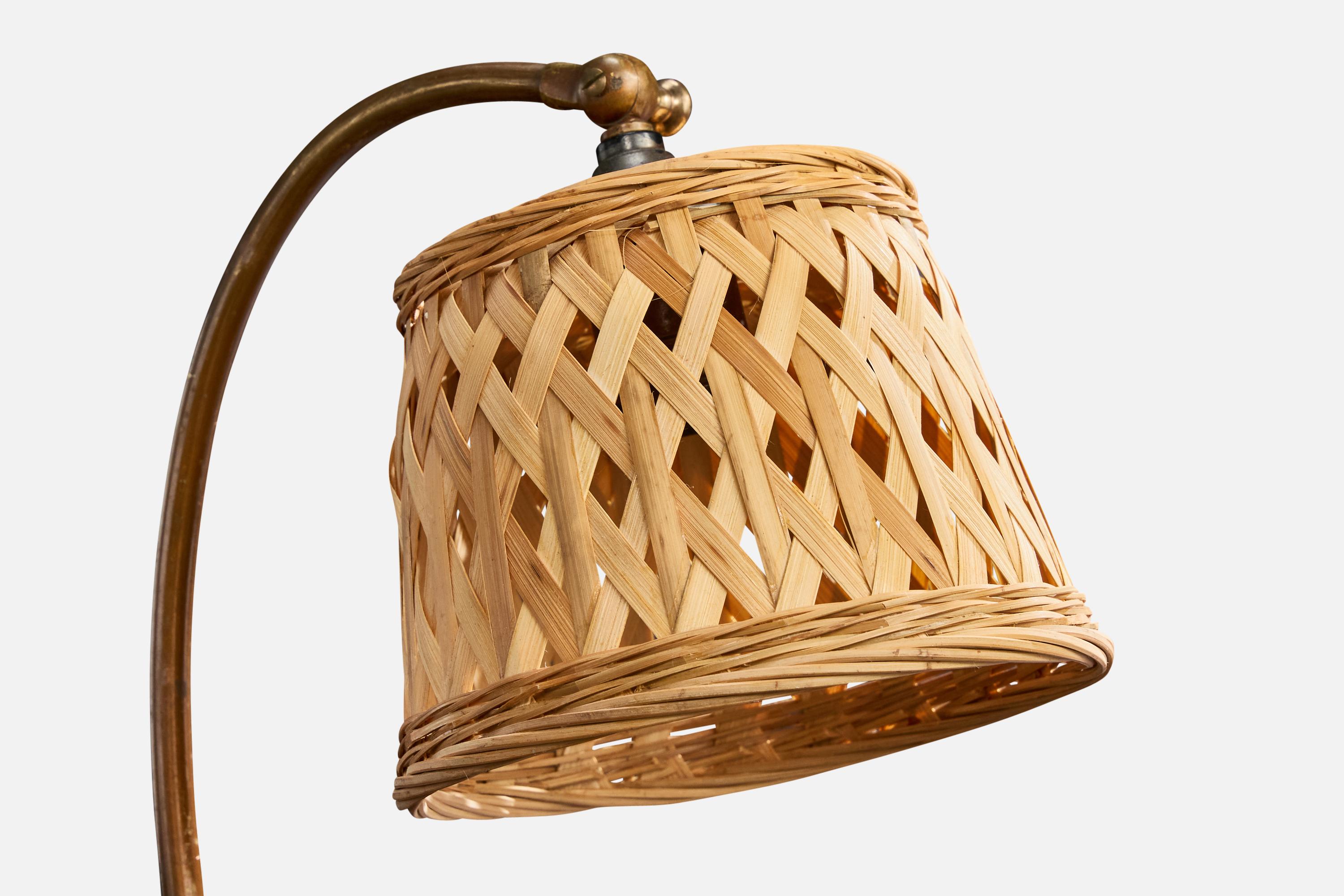 Französischer Designer, Tischlampe, Metall, Rattan, Frankreich, 1930er Jahre (Mitte des 20. Jahrhunderts) im Angebot
