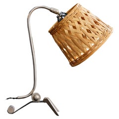 Lampada da tavolo di design francese, nichel, rattan, Francia, anni '40