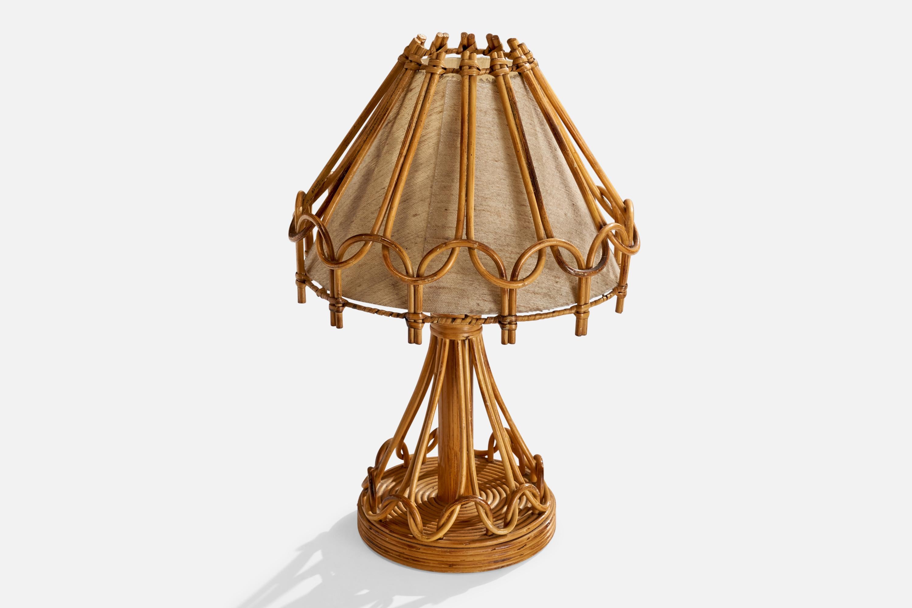 Mid-Century Modern Designer français, lampe de bureau, rotin, bambou, tissu, France, années 1960 en vente