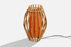 French Designer, Table Lamp, Rattan, Fabric, France, 1970s