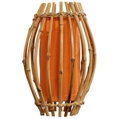 French Designer, Table Lamp, Rattan, Fabric, France, 1970s