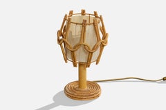 French Designer, Table Lamp, Rattan, Wood, Fabric, France, 1970s