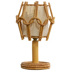 French Designer, Table Lamp, Rattan, Wood, Fabric, France, 1970s