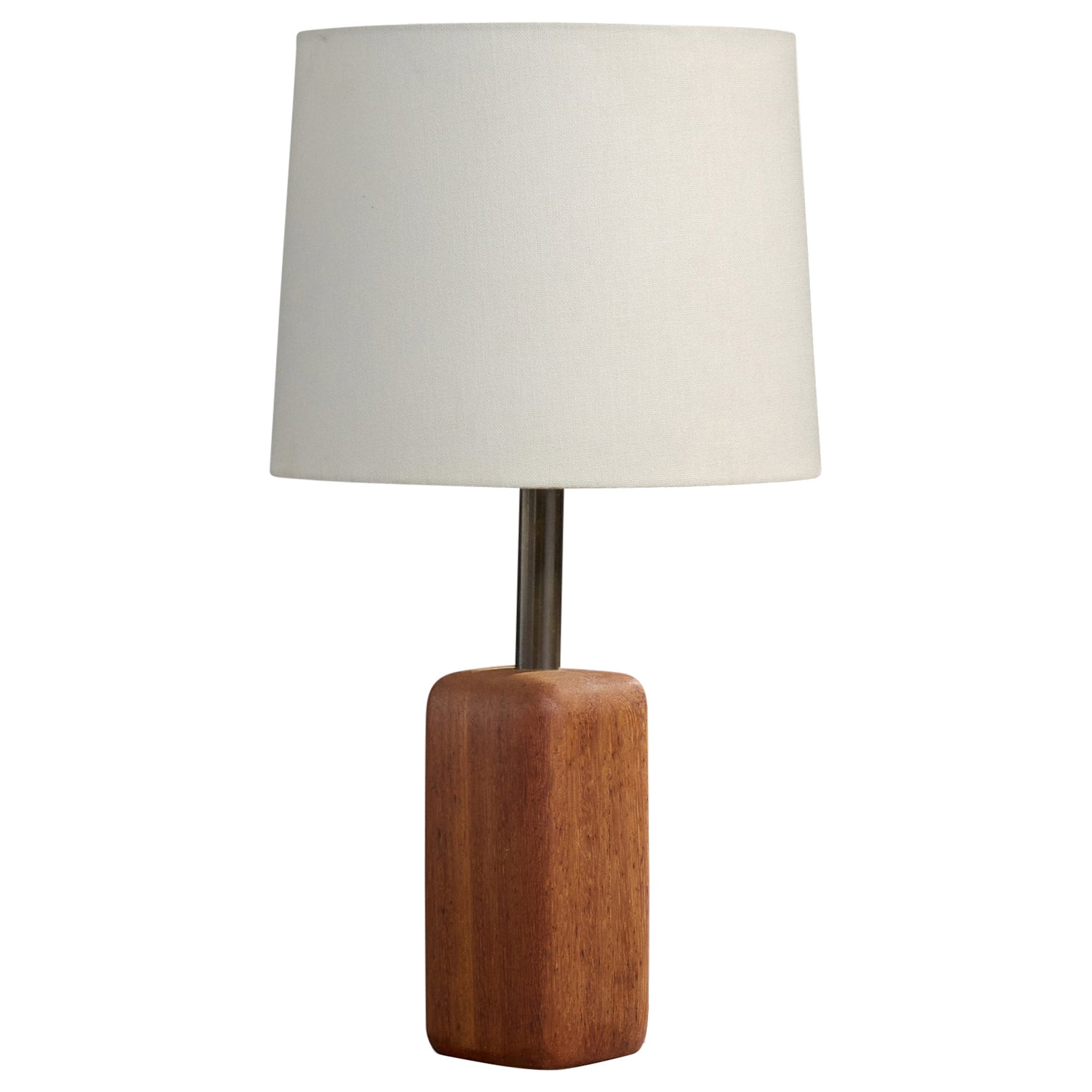 French Designer, Table Lamp, Teak, Brass, France, 1950s
