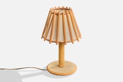 French Designer, Table Lamp, Wood, Bamboo, Fabric, France, 1970s
