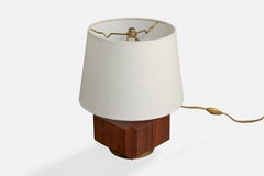 French Designer, Table Lamp, Wood, Brass, France, 1950s