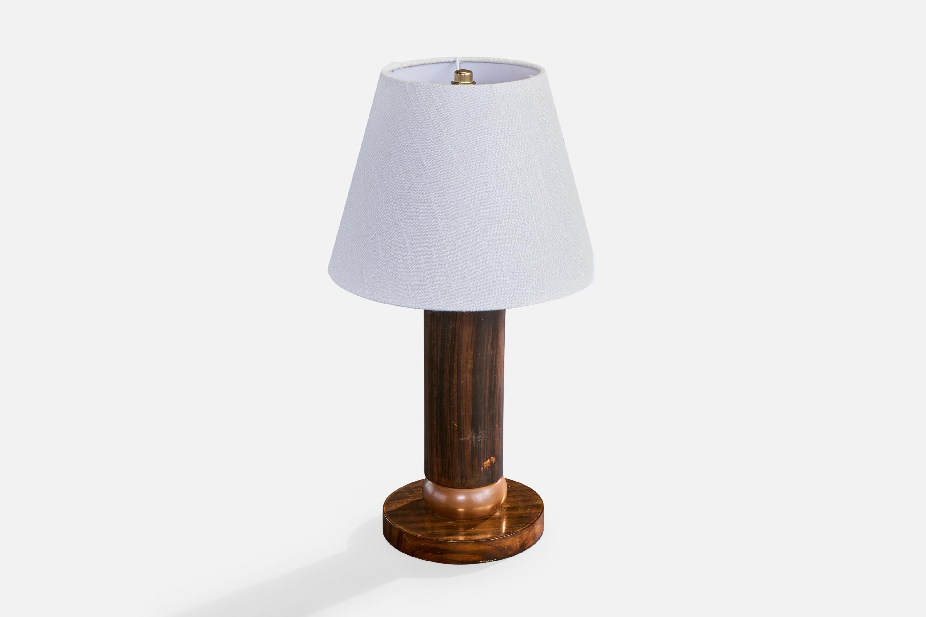 Mid-Century Modern Designer français, lampe de table, Wood, cuivre, France, années 1930 en vente