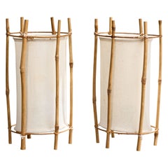 French Designer, Table Lamps, Bamboo, Fabric, France, 1960s