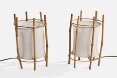 French Designer, Table Lamps, Bamboo, Rattan, Fabric, France, 1970s