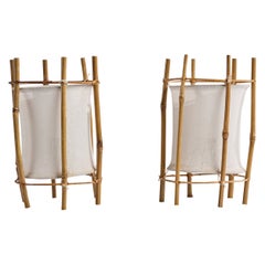 French Designer, Table Lamps, Bamboo, Rattan, Fabric, France, 1970s