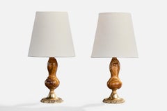 French Designer, Table Lamps, Brass, Alabaster, Fabric, France, 1930s