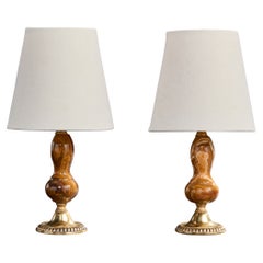 French Designer, Table Lamps, Brass, Alabaster, Fabric, France, 1930s
