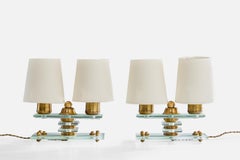 French Designer, Table Lamps, Brass, Glass, Fabric, France, 1950s