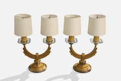 French Designer, Table Lamps, Brass, Glass, Fabric, France, 1950s
