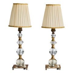 Lampade da tavolo di design francese, ottone, vetro, tessuto, Francia, anni '50