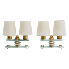 French Designer, Table Lamps, Brass, Glass, Fabric, France, 1950s