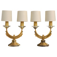 French Designer, Table Lamps, Brass, Glass, Fabric, France, 1950s