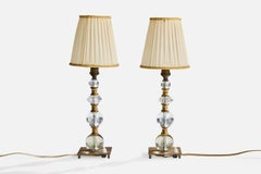 French Designer, Table Lamps, Brass, Glass, Fabric, France, 1950s