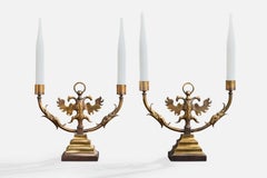 French Designer, Table Lamps, Brass, Glass, France, 1950s