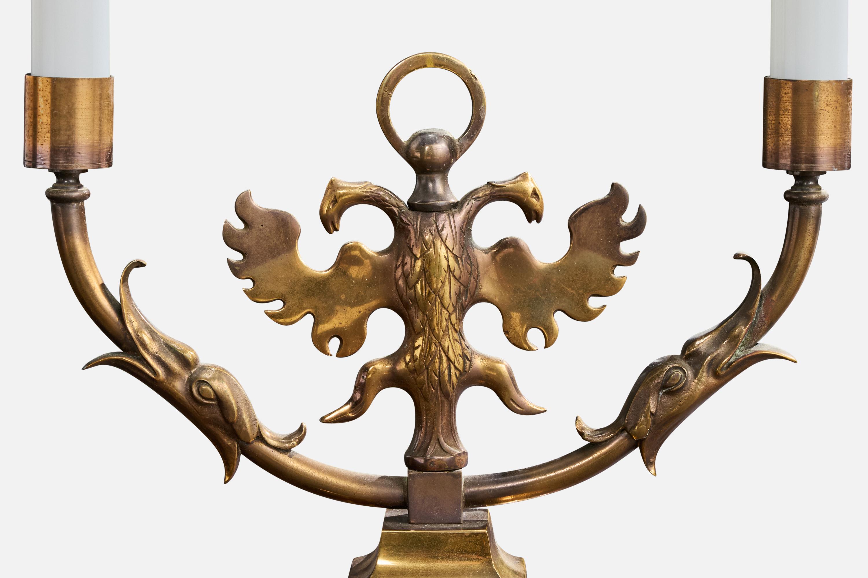 Laiton Designer français, lampes de table, laiton, verre, France, années 1950 en vente