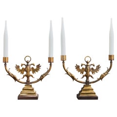 French Designer, Table Lamps, Brass, Glass, France, 1950s