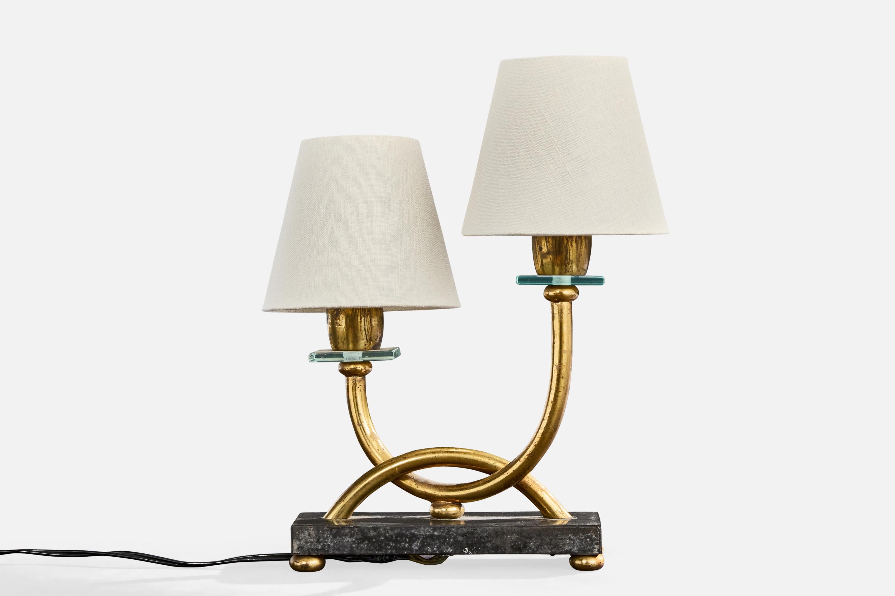 Mid-Century Modern Designer français, lampes de table, laiton, verre, marbre, tissu, France, années 1940 en vente