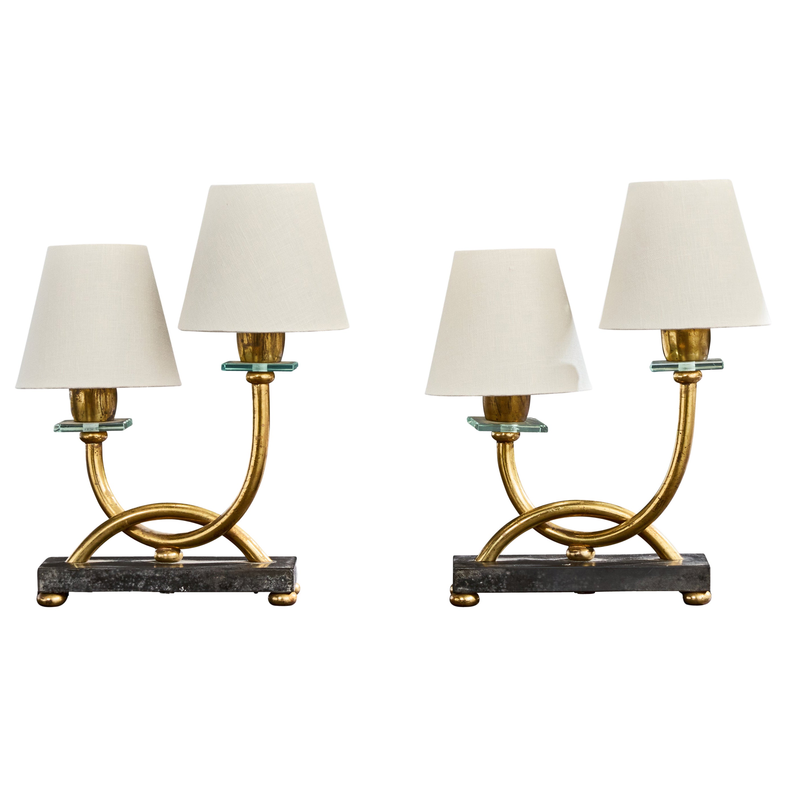 Designer français, lampes de table, laiton, verre, marbre, tissu, France, années 1940