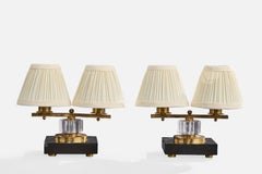 Lampade da tavolo di design francese, ottone, marmo, acrilico, tessuto, Francia, anni '50