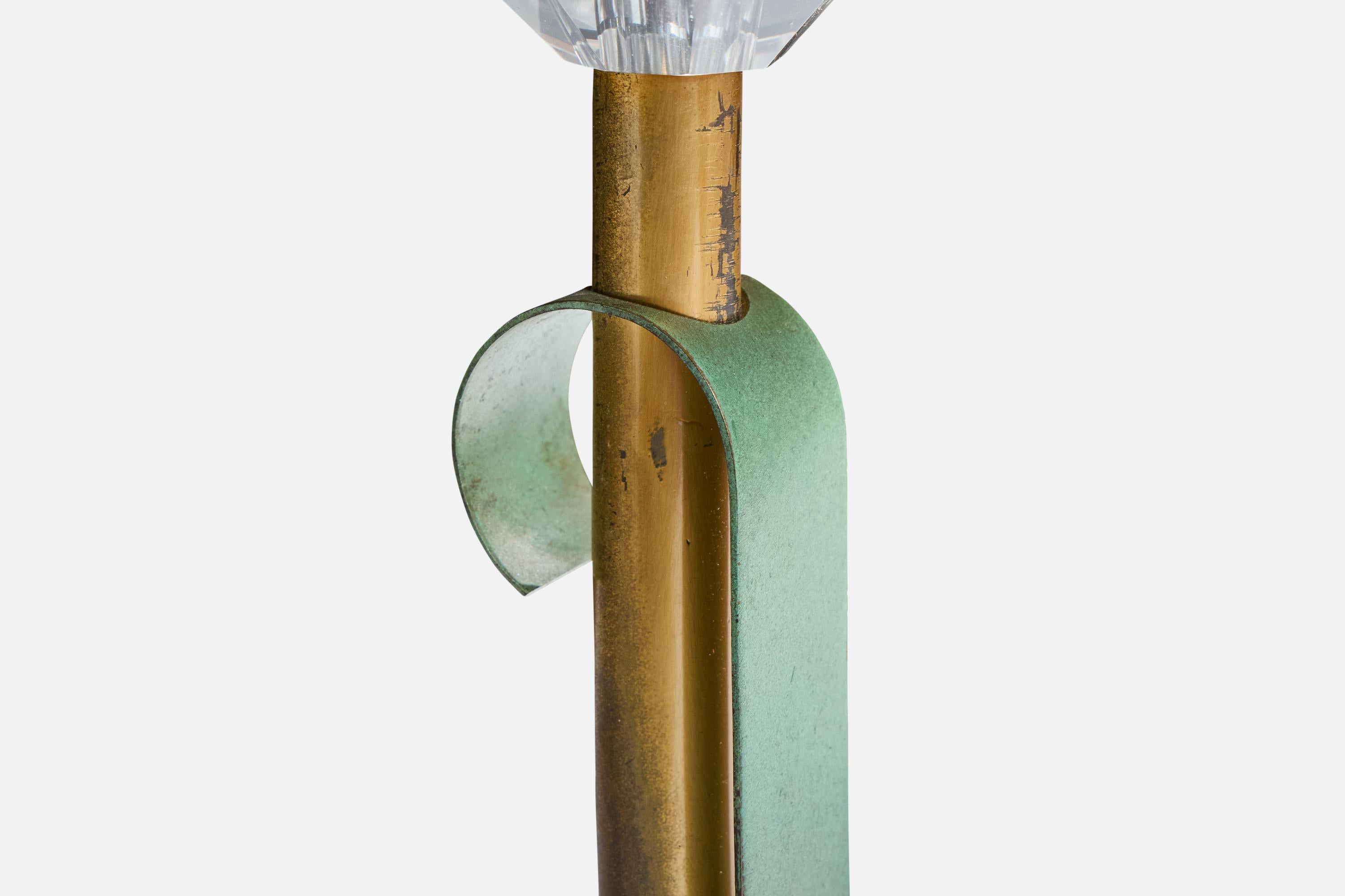 Métal Designer français, lampes de table, laiton, métal, acrylique, tissu, France, années 1950 en vente