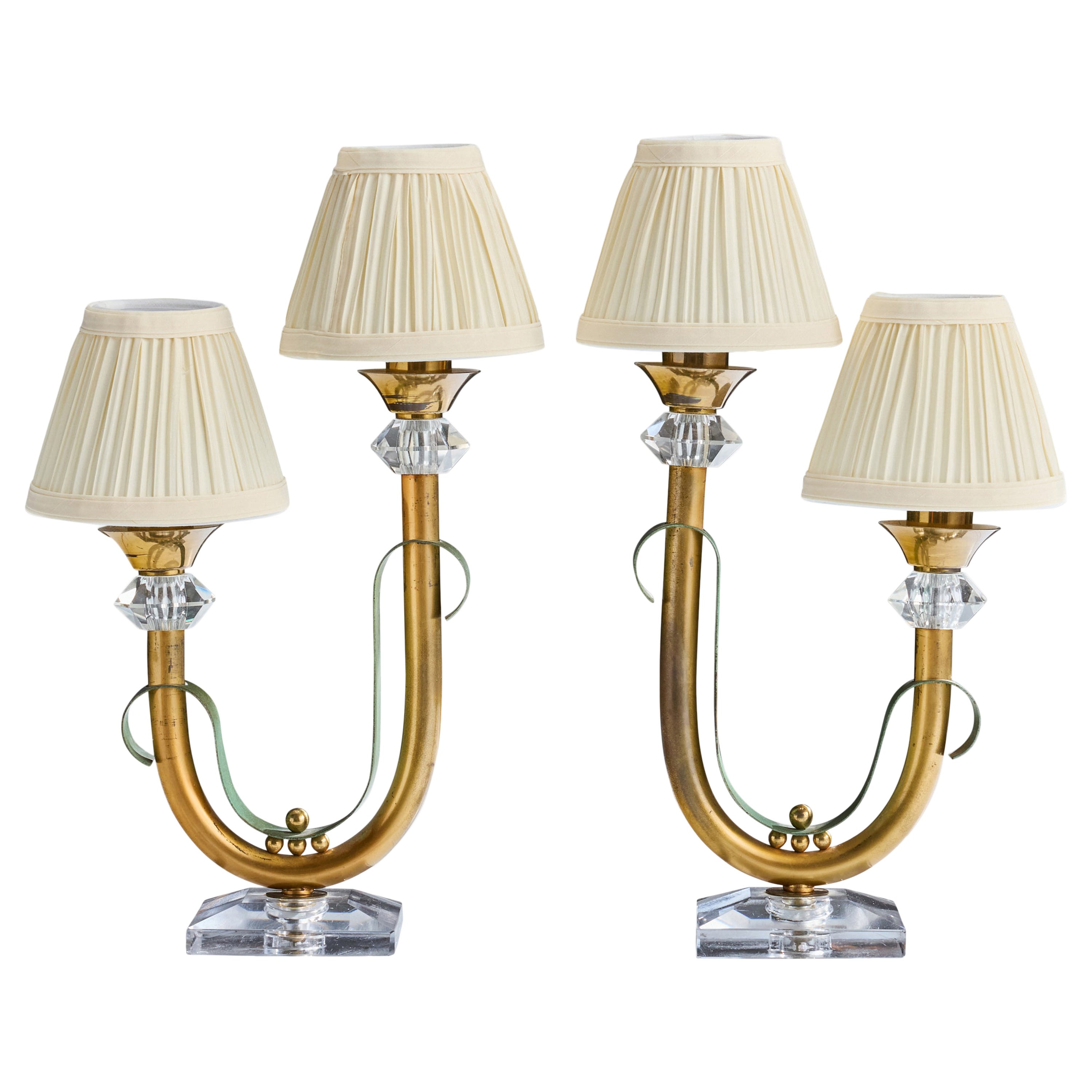 French Designer, Table Lamps, Brass, Metal, Acrylic, Fabric, France, 1950s