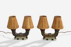 French Designer, Table Lamps, Brass, Onyx, Rattan, France, 1950s