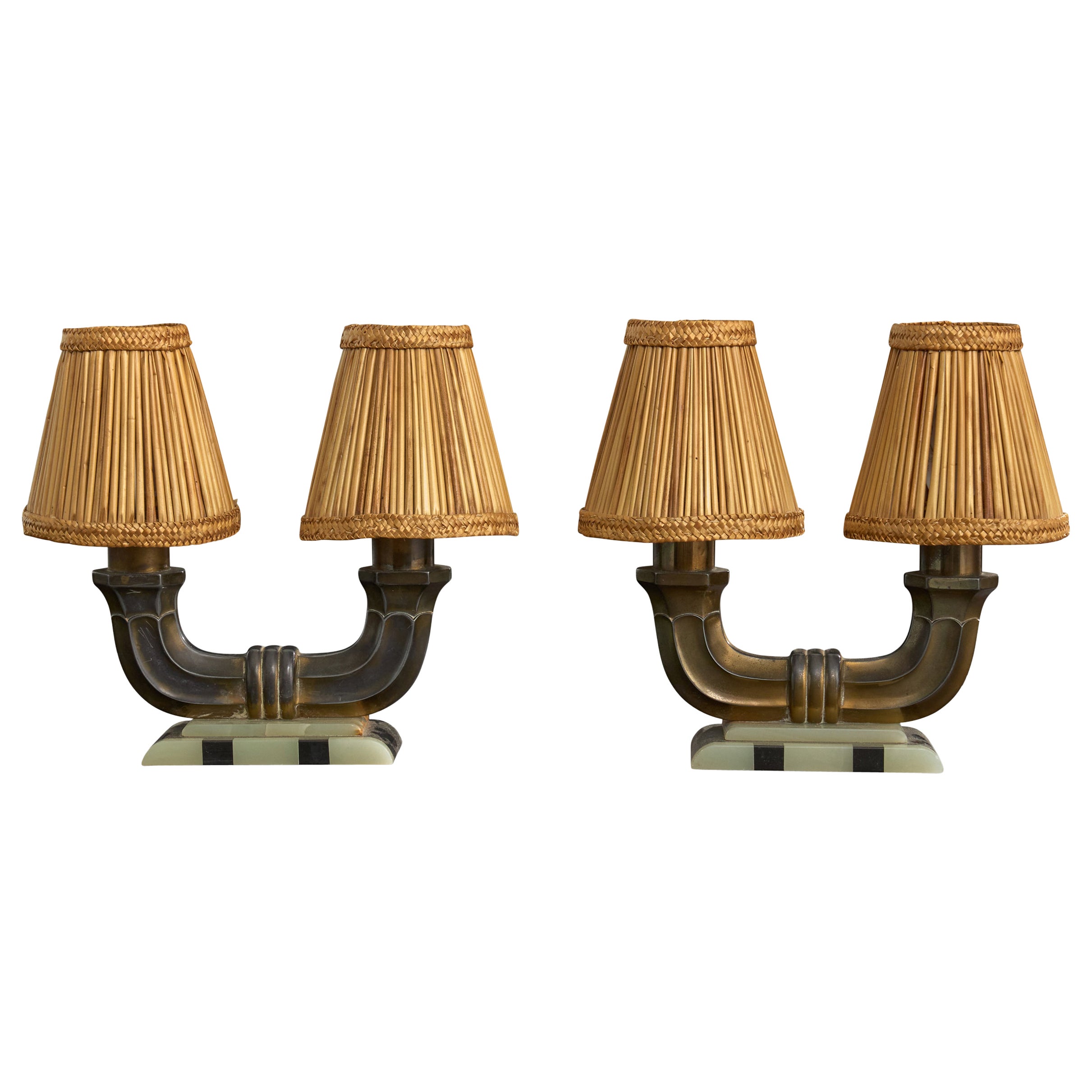 French Designer, Table Lamps, Brass, Onyx, Rattan, France, 1950s For Sale