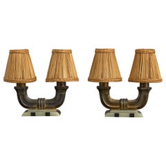 French Designer, Table Lamps, Brass, Onyx, Rattan, France, 1950s