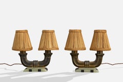 French Designer, Table Lamps, Brass, Onyx, Rattan, France, 1950s