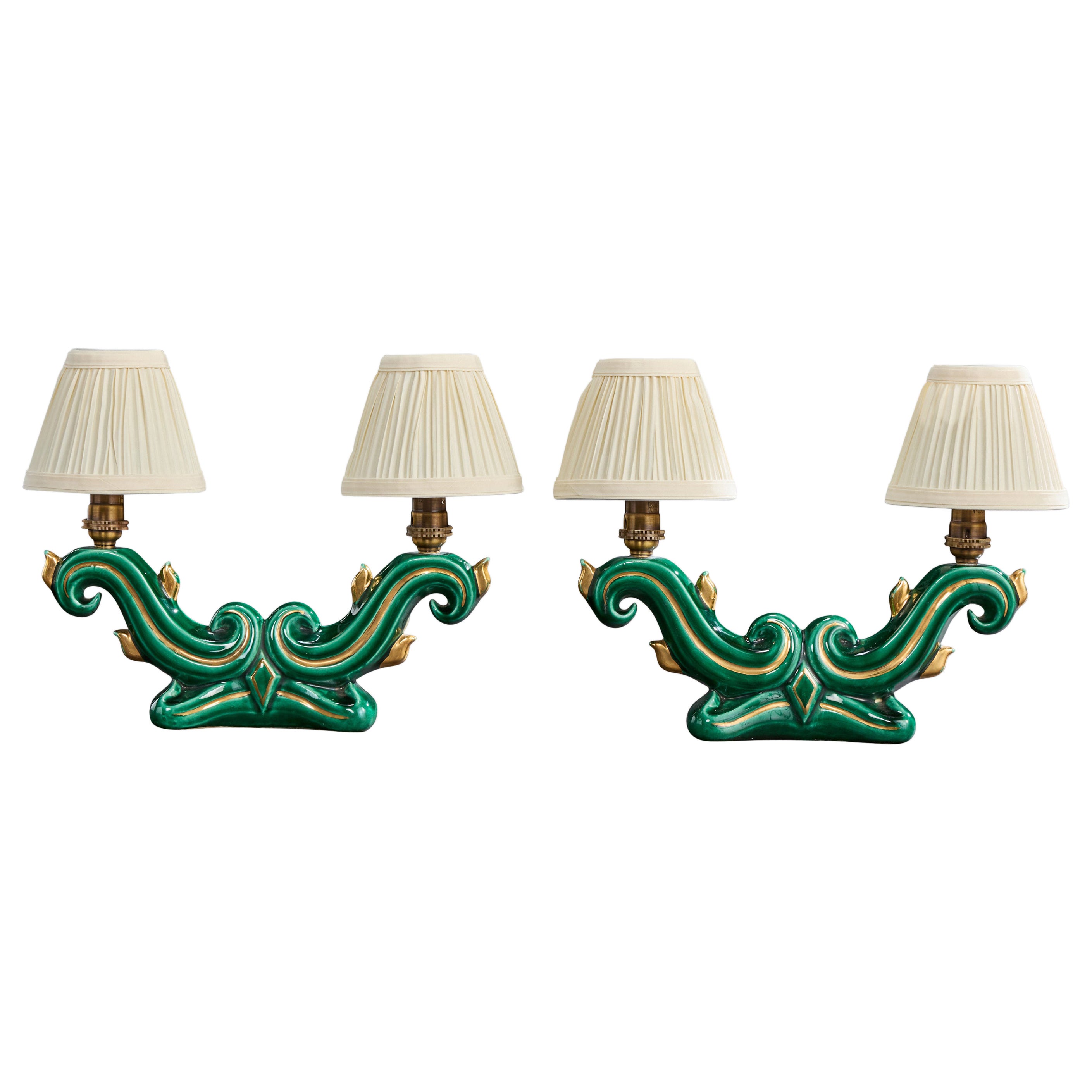 Designer français, lampes de table, céramique, laiton, tissu, France, années 1960