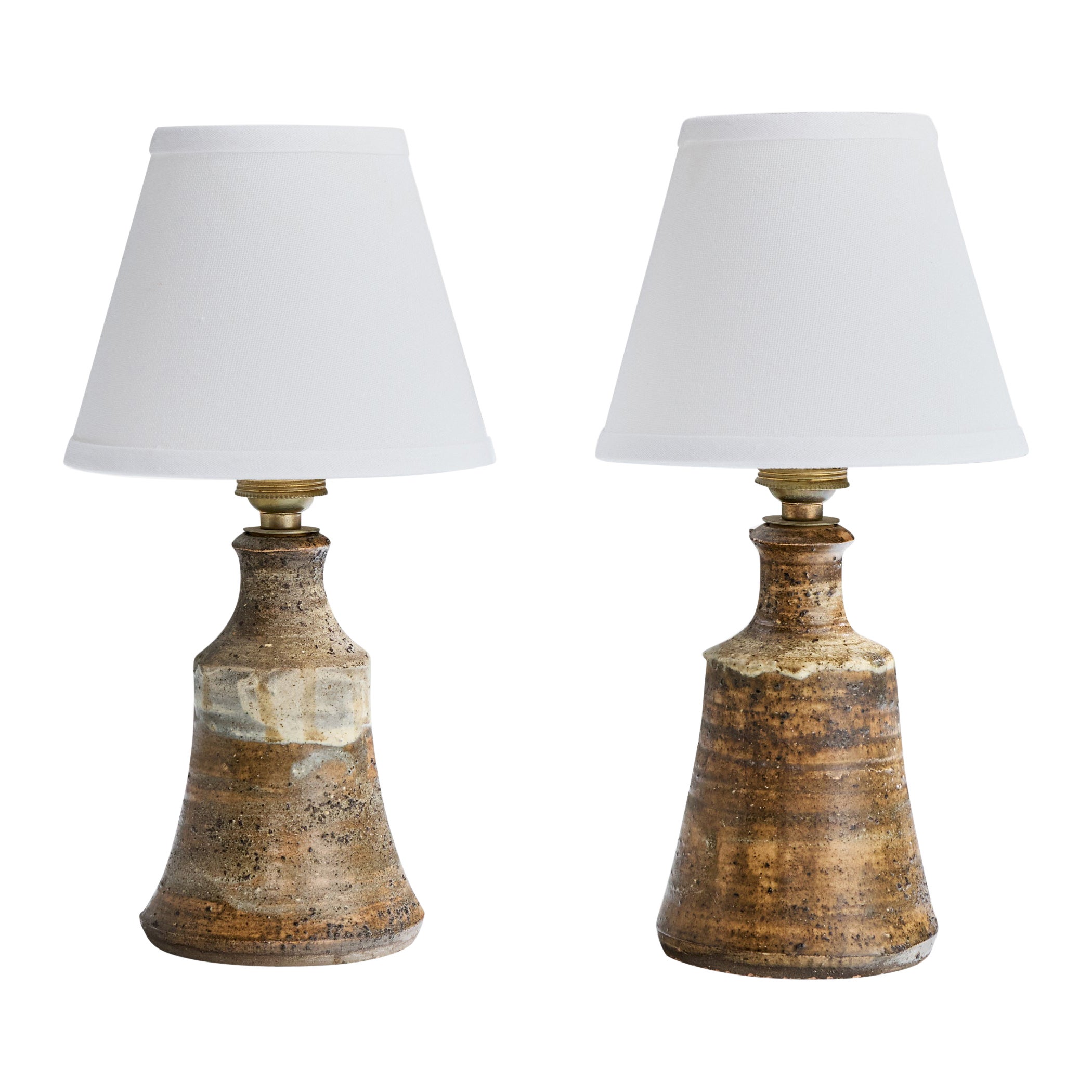 French Designer, Table Lamps, Ceramic, Brass, France, 1950s