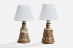 French Designer, Table Lamps, Ceramic, Brass, France, 1950s