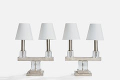 French Designer, Table Lamps, Chrome, Acrylic, Fabric, France, 1950s