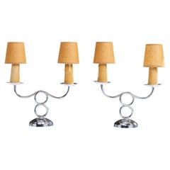 French Designer, Table Lamps, Chrome, Bakelite, Parchment, France, 1940s