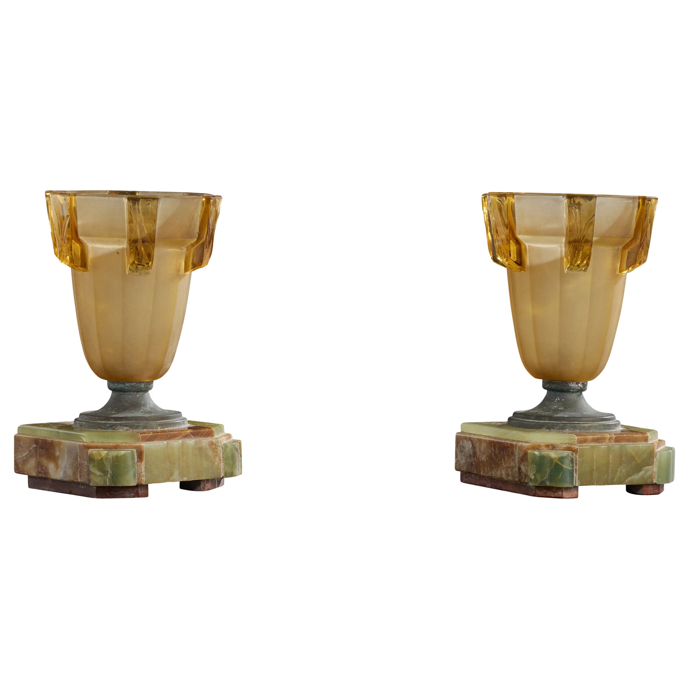 French Designer, Table Lamps, Glass, Metal, Onyx, France, 1930s