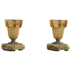 French Designer, Table Lamps, Glass, Metal, Onyx, France, 1930s