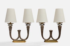 French Designer, Table Lamps, Iron, Brass, Acrylic, Fabric, France, 1950s