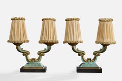 French Designer, Table Lamps, Metal, Fabric, Marble, France, 1940s