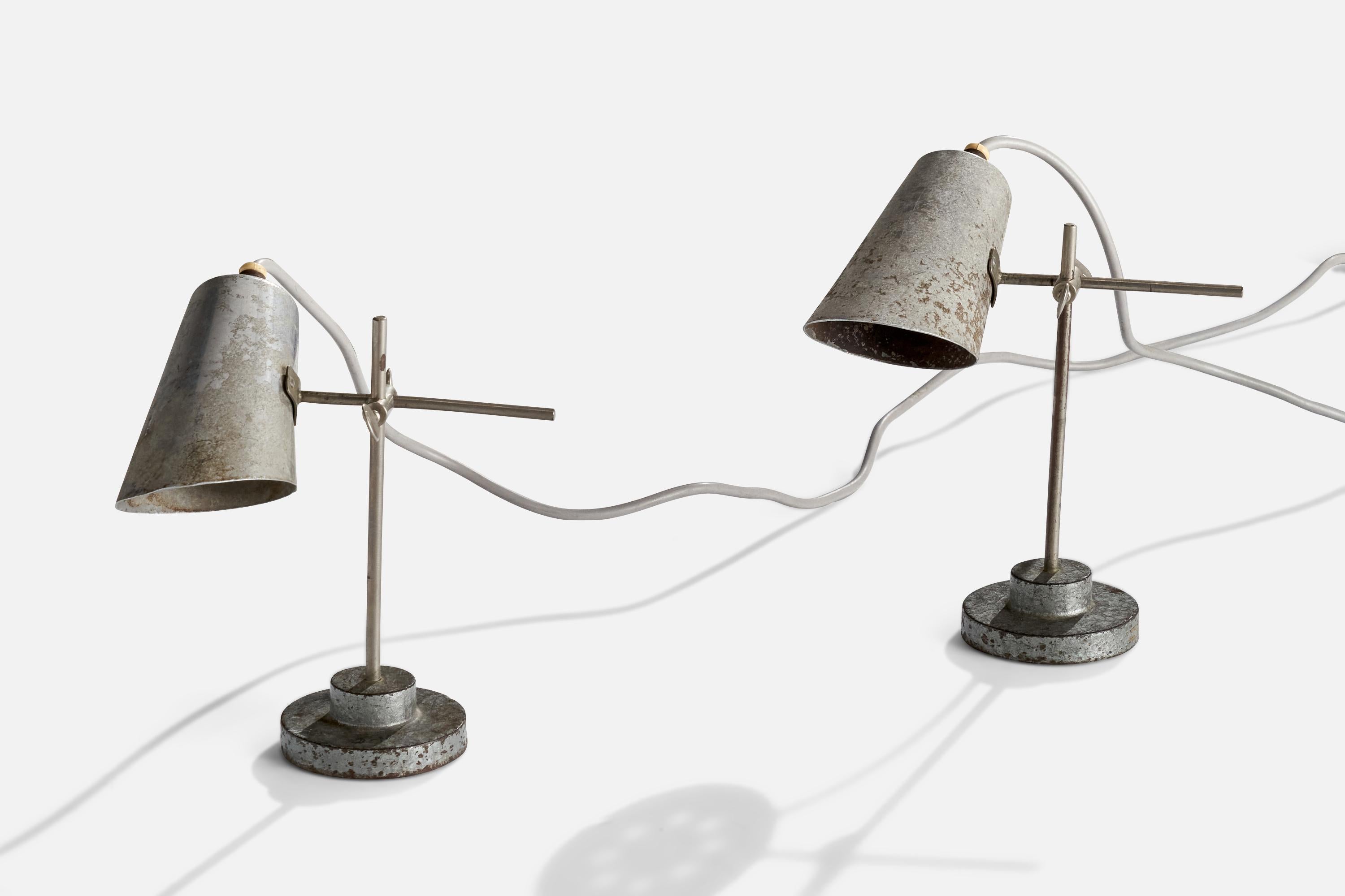 Industrial French Designer, Table Lamps, Metal, France, 1930s For Sale
