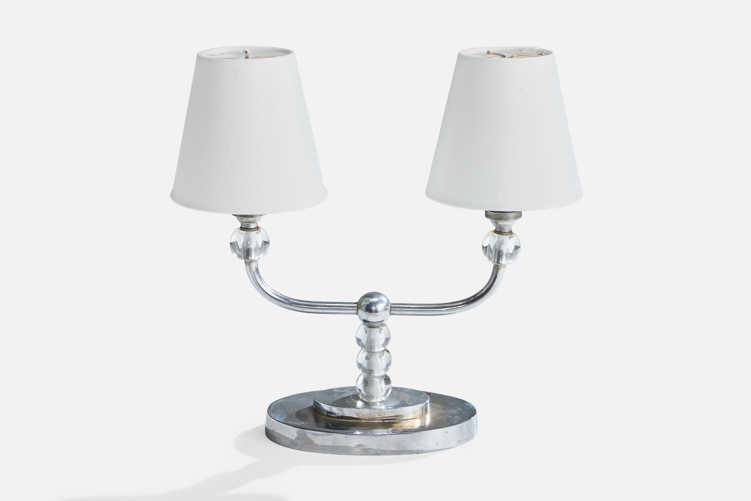 Francese Lampade da tavolo di design francese, metallo, vetro, tessuto, Francia, anni '50 in vendita