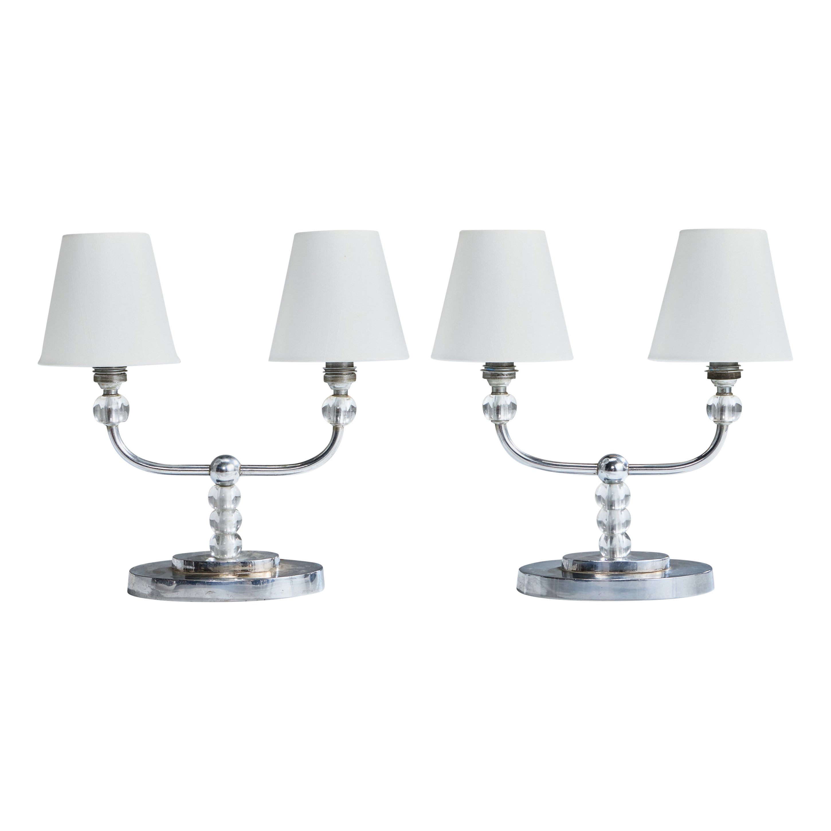 Lampade da tavolo di design francese, metallo, vetro, tessuto, Francia, anni '50