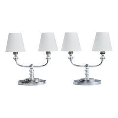 French Designer, Table Lamps, Metal, Glass, Fabric, France, 1950s
