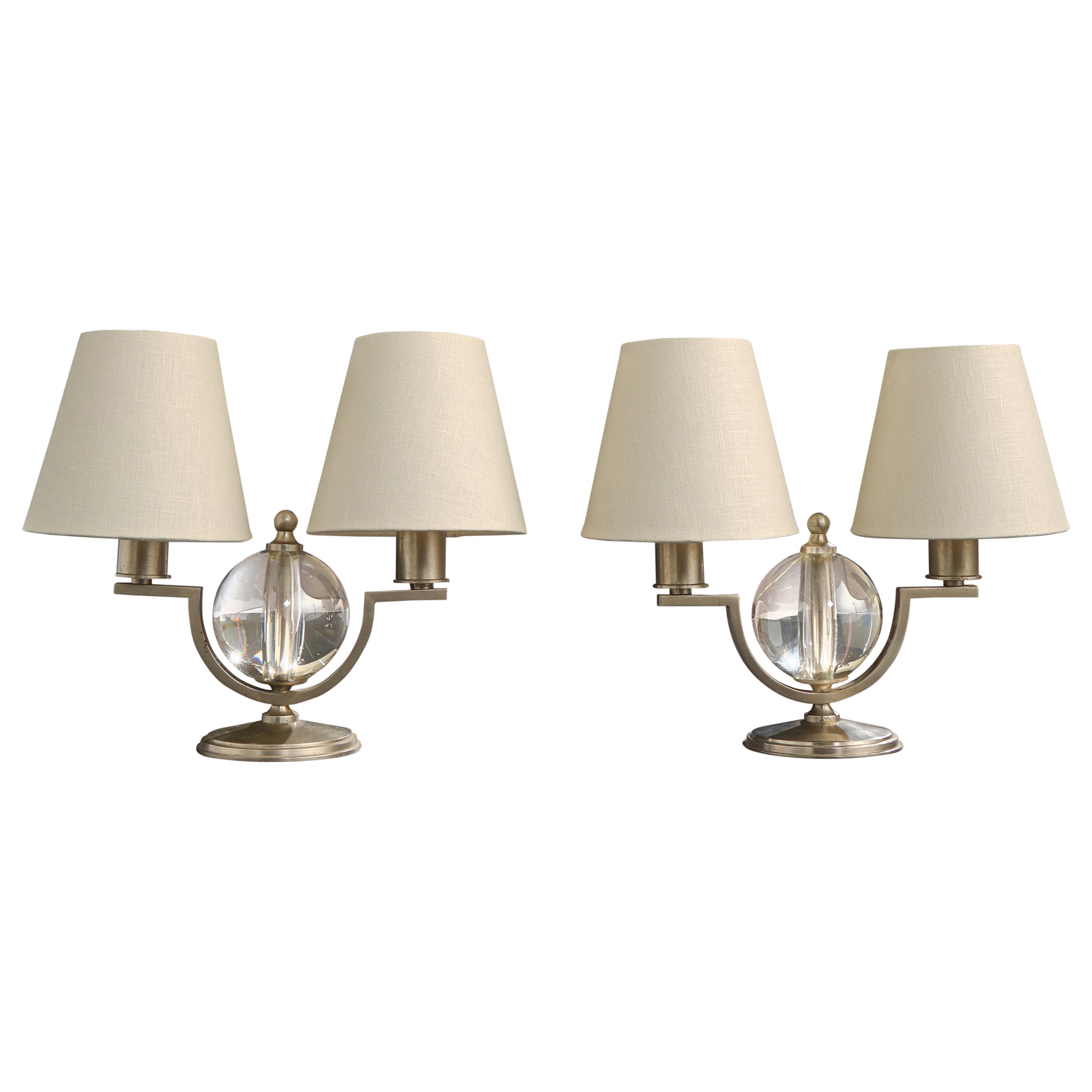French Designer, Table Lamps, Metal, Glass, Fabric, France, 1950s
